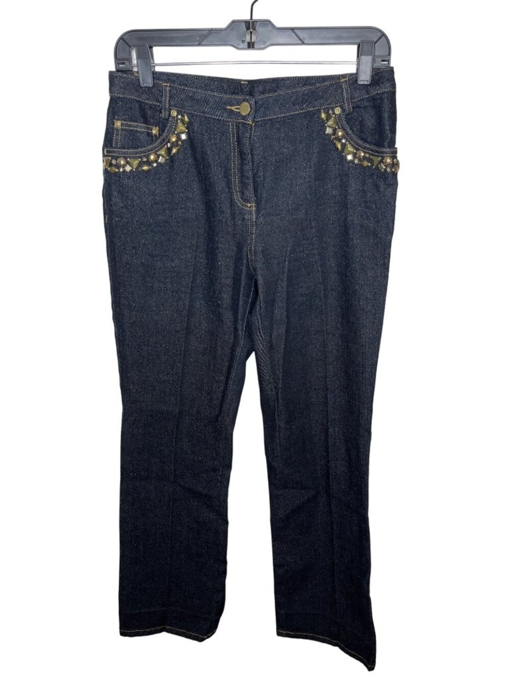 Ruby Rd Petite 6P Straight Leg Jeans Metallic Beaded Blue Denim